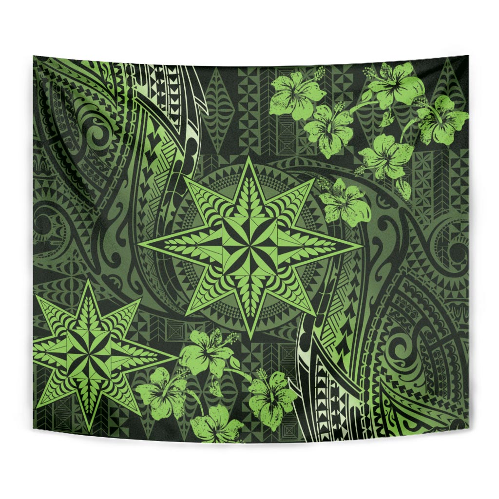 Vintage Tonga Tribal Ngatu Pattern Tapestry With Pacific Floral Lime Green Art