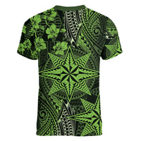Vintage Tonga Tribal Ngatu Pattern Women V-Neck T-Shirt With Pacific Floral Lime Green Art