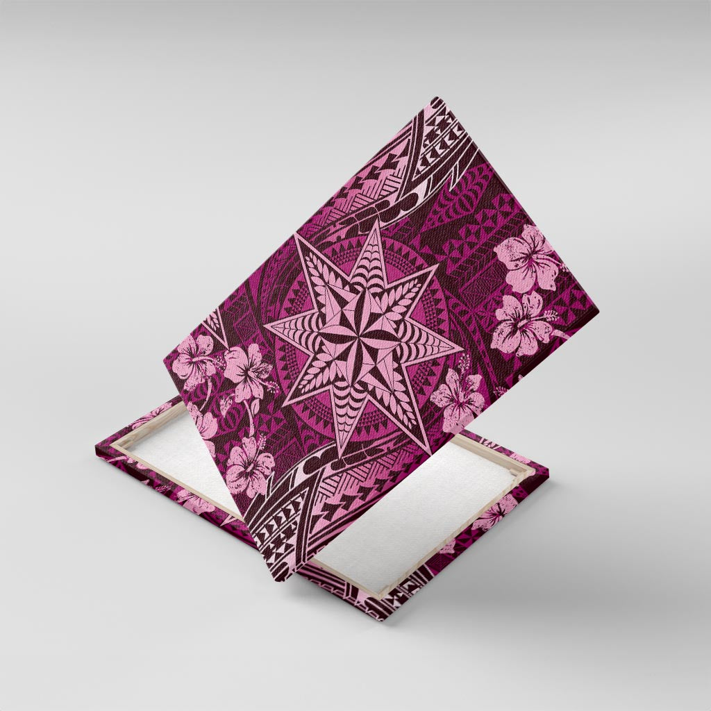 Vintage Tonga Tribal Ngatu Pattern Canvas Wall Art With Pacific Floral Pink Art