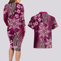 Vintage Tonga Tribal Ngatu Pattern Couples Matching Long Sleeve Bodycon Dress and Hawaiian Shirt With Pacific Floral Pink Art LT9 - Polynesian Pride