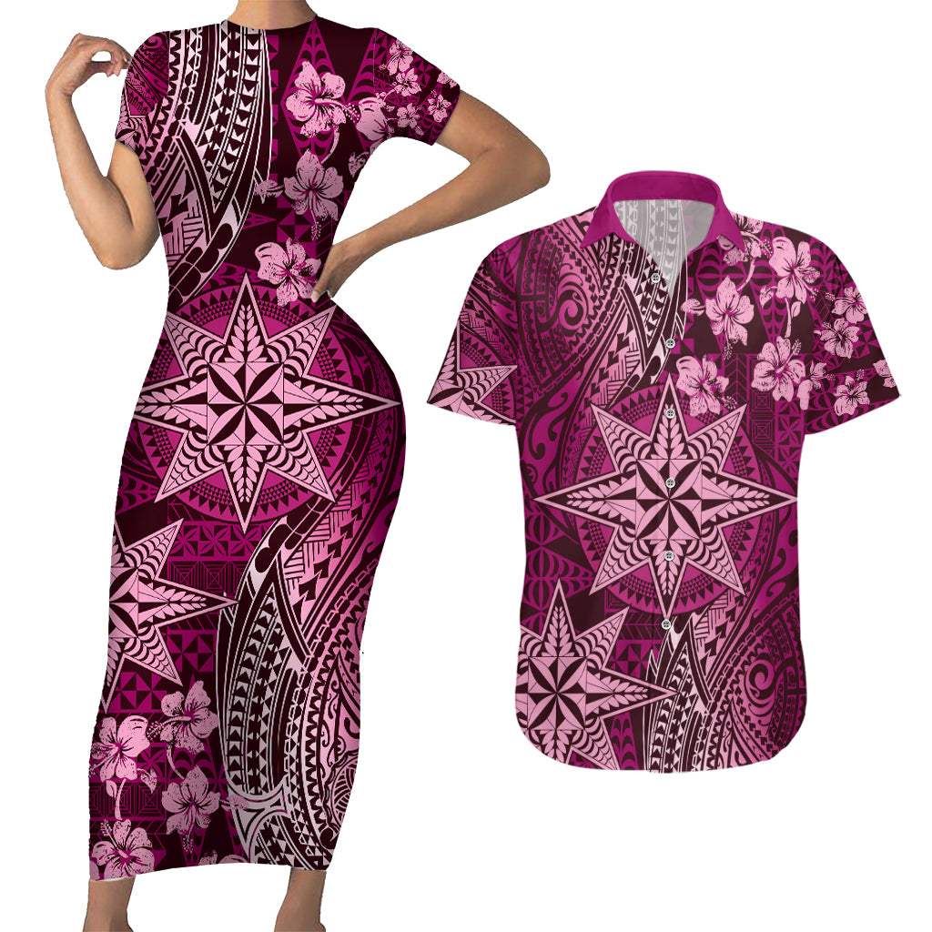 Vintage Tonga Tribal Ngatu Pattern Couples Matching Short Sleeve Bodycon Dress and Hawaiian Shirt With Pacific Floral Pink Art LT9 Pink - Polynesian Pride