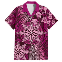 Vintage Tonga Tribal Ngatu Pattern Family Matching Long Sleeve Bodycon Dress and Hawaiian Shirt With Pacific Floral Pink Art LT9 Dad's Shirt - Short Sleeve Pink - Polynesian Pride