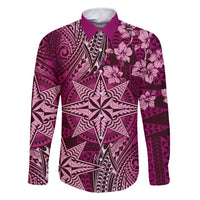 Vintage Tonga Tribal Ngatu Pattern Family Matching Long Sleeve Bodycon Dress and Hawaiian Shirt With Pacific Floral Pink Art LT9 Dad's Shirt - Long Sleeve Pink - Polynesian Pride