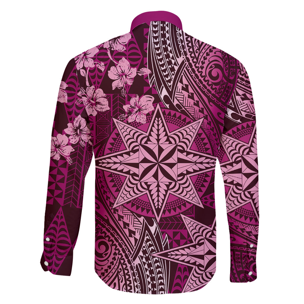 Vintage Tonga Tribal Ngatu Pattern Family Matching Long Sleeve Bodycon Dress and Hawaiian Shirt With Pacific Floral Pink Art LT9 - Polynesian Pride