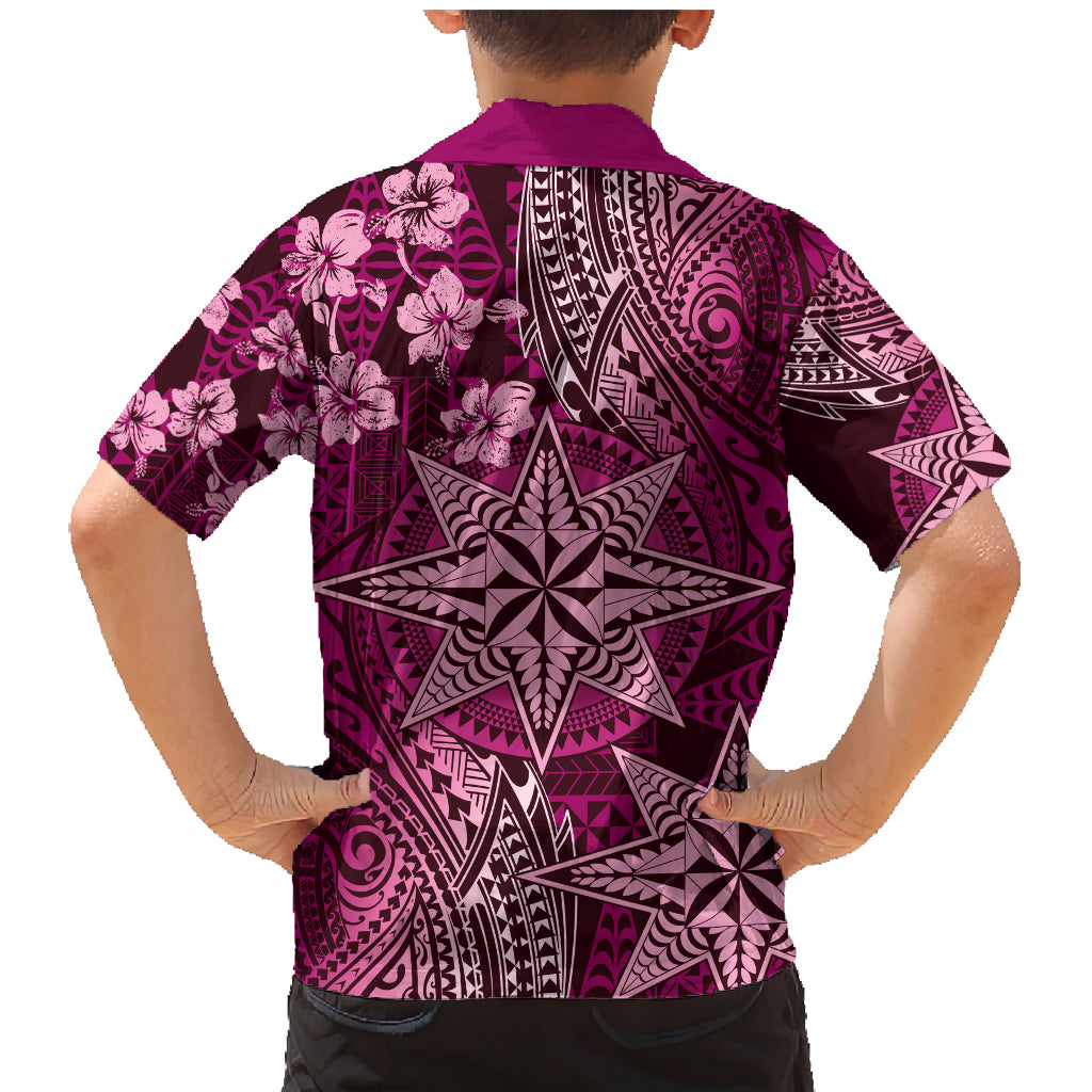 Vintage Tonga Tribal Ngatu Pattern Family Matching Mermaid Dress and Hawaiian Shirt With Pacific Floral Pink Art LT9 - Polynesian Pride