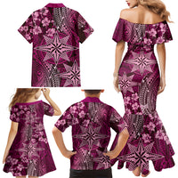 Vintage Tonga Tribal Ngatu Pattern Family Matching Mermaid Dress and Hawaiian Shirt With Pacific Floral Pink Art LT9 - Polynesian Pride
