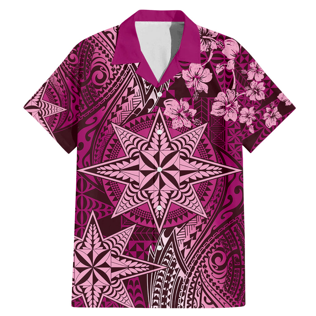 Vintage Tonga Tribal Ngatu Pattern Family Matching Mermaid Dress and Hawaiian Shirt With Pacific Floral Pink Art LT9 Dad's Shirt - Short Sleeve Pink - Polynesian Pride