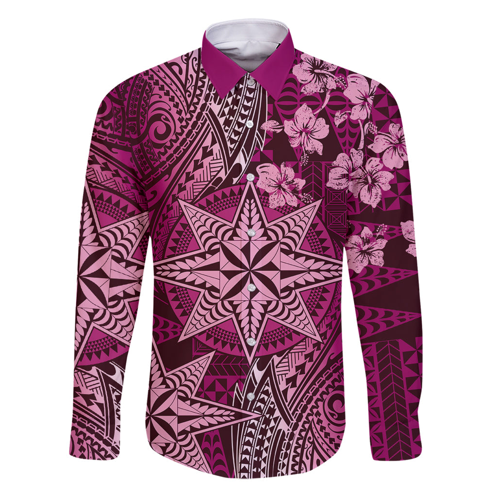 Vintage Tonga Tribal Ngatu Pattern Family Matching Mermaid Dress and Hawaiian Shirt With Pacific Floral Pink Art LT9 Dad's Shirt - Long Sleeve Pink - Polynesian Pride