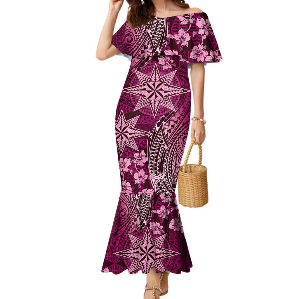 Vintage Tonga Tribal Ngatu Pattern Family Matching Mermaid Dress and Hawaiian Shirt With Pacific Floral Pink Art LT9 Mom's Dress Pink - Polynesian Pride