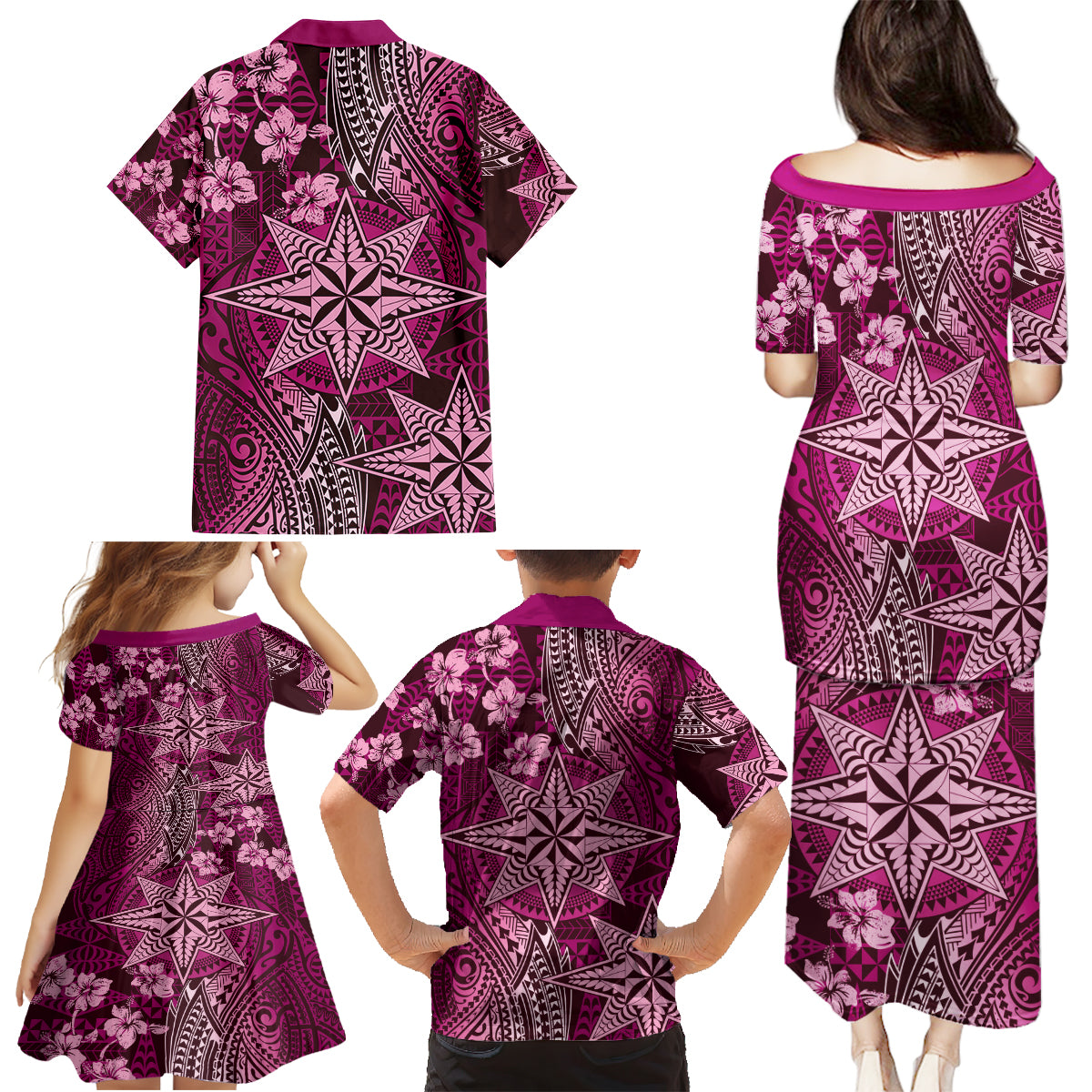 Vintage Tonga Tribal Ngatu Pattern Family Matching Puletasi and Hawaiian Shirt With Pacific Floral Pink Art LT9 - Polynesian Pride