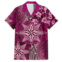 Vintage Tonga Tribal Ngatu Pattern Family Matching Puletasi and Hawaiian Shirt With Pacific Floral Pink Art LT9 Dad's Shirt - Short Sleeve Pink - Polynesian Pride