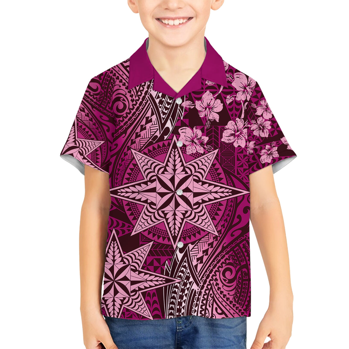 Vintage Tonga Tribal Ngatu Pattern Family Matching Puletasi and Hawaiian Shirt With Pacific Floral Pink Art LT9 Son's Shirt Pink - Polynesian Pride