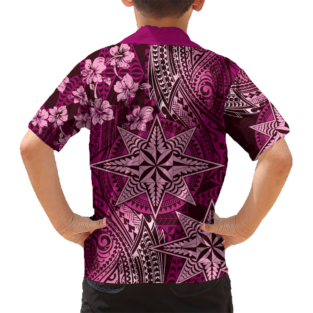 Vintage Tonga Tribal Ngatu Pattern Family Matching Short Sleeve Bodycon Dress and Hawaiian Shirt With Pacific Floral Pink Art LT9 - Polynesian Pride