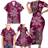 Vintage Tonga Tribal Ngatu Pattern Family Matching Short Sleeve Bodycon Dress and Hawaiian Shirt With Pacific Floral Pink Art LT9 - Polynesian Pride