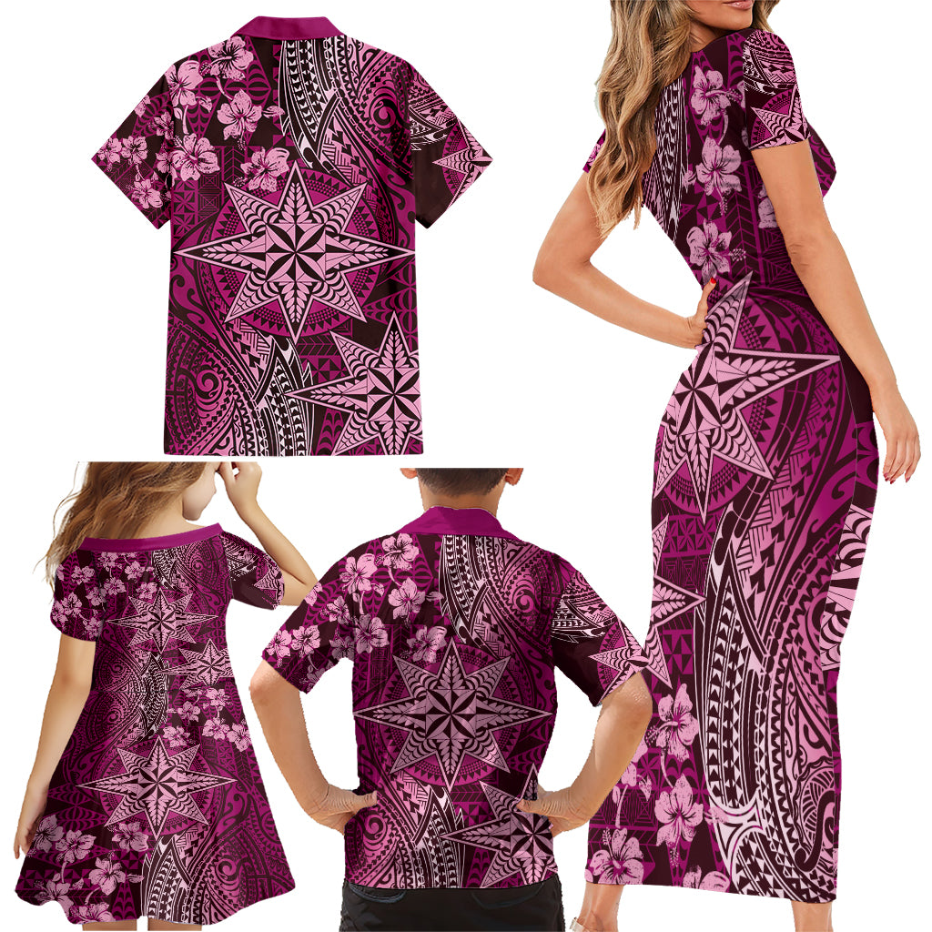 Vintage Tonga Tribal Ngatu Pattern Family Matching Short Sleeve Bodycon Dress and Hawaiian Shirt With Pacific Floral Pink Art LT9 - Polynesian Pride
