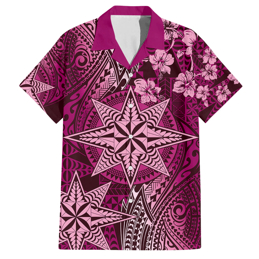 Vintage Tonga Tribal Ngatu Pattern Family Matching Short Sleeve Bodycon Dress and Hawaiian Shirt With Pacific Floral Pink Art LT9 Dad's Shirt - Short Sleeve Pink - Polynesian Pride