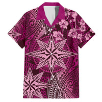 Vintage Tonga Tribal Ngatu Pattern Family Matching Short Sleeve Bodycon Dress and Hawaiian Shirt With Pacific Floral Pink Art LT9 Dad's Shirt - Short Sleeve Pink - Polynesian Pride