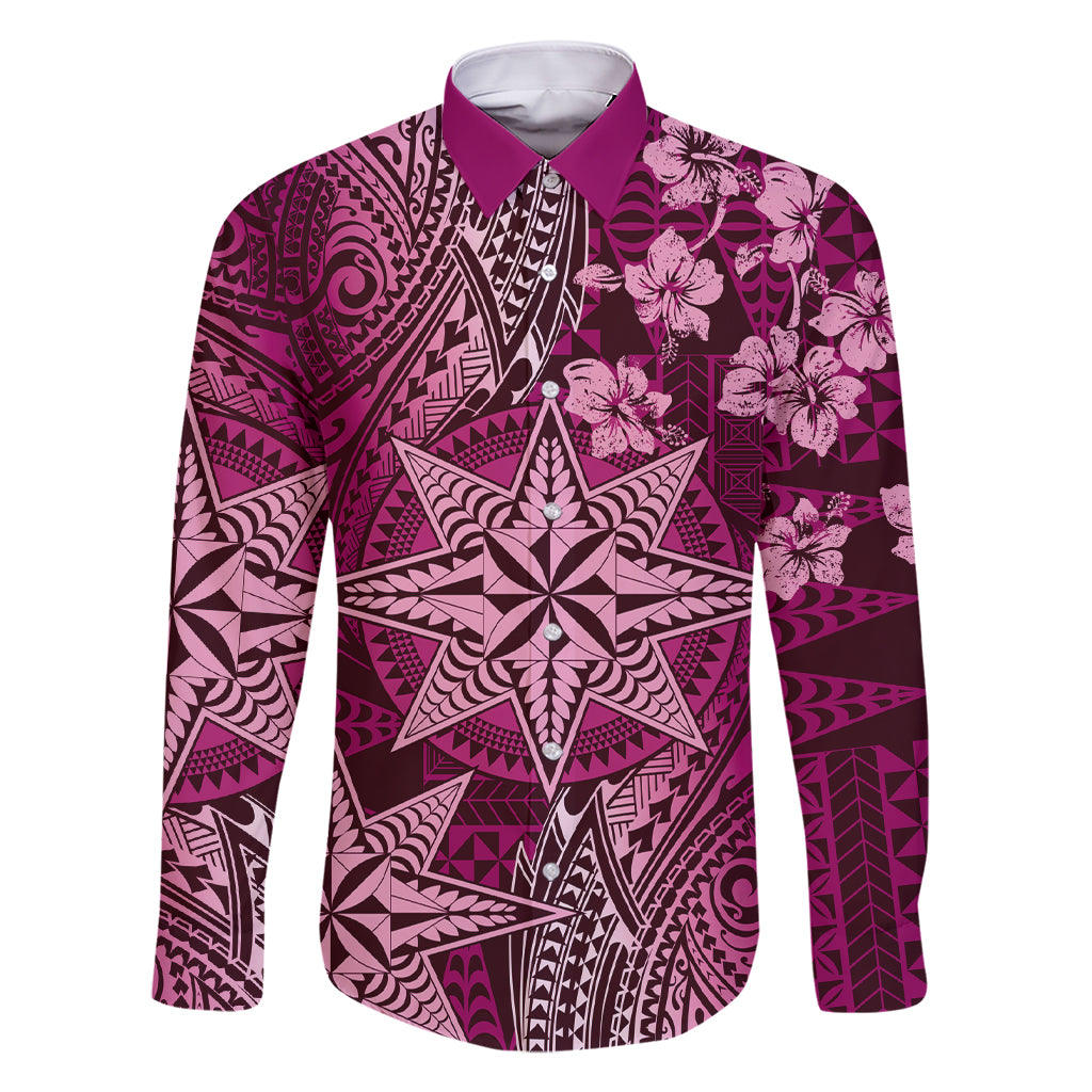 Vintage Tonga Tribal Ngatu Pattern Family Matching Short Sleeve Bodycon Dress and Hawaiian Shirt With Pacific Floral Pink Art LT9 Dad's Shirt - Long Sleeve Pink - Polynesian Pride