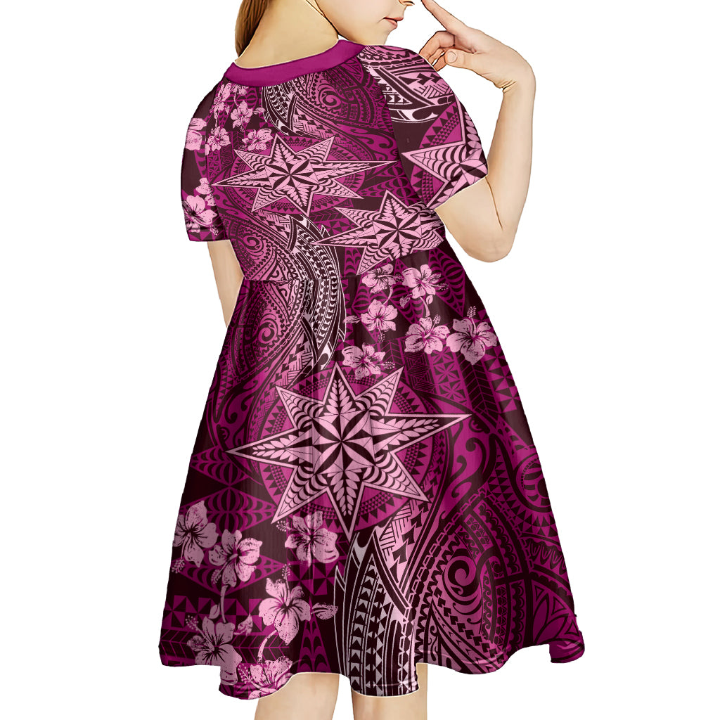 Vintage Tonga Tribal Ngatu Pattern Kid Short Sleeve Dress With Pacific Floral Pink Art