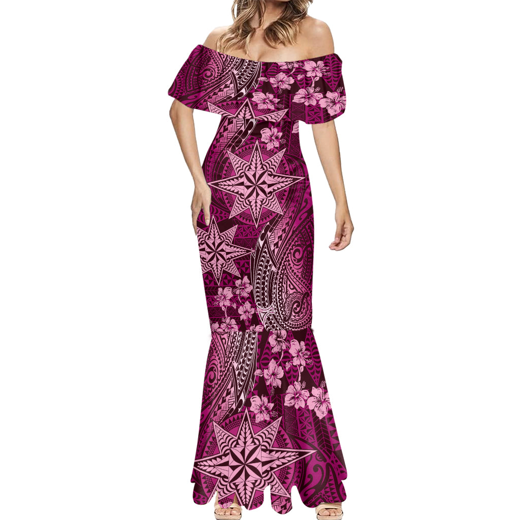 Vintage Tonga Tribal Ngatu Pattern Mermaid Dress With Pacific Floral Pink Art