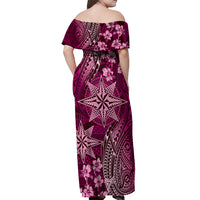 Vintage Tonga Tribal Ngatu Pattern Off Shoulder Maxi Dress With Pacific Floral Pink Art