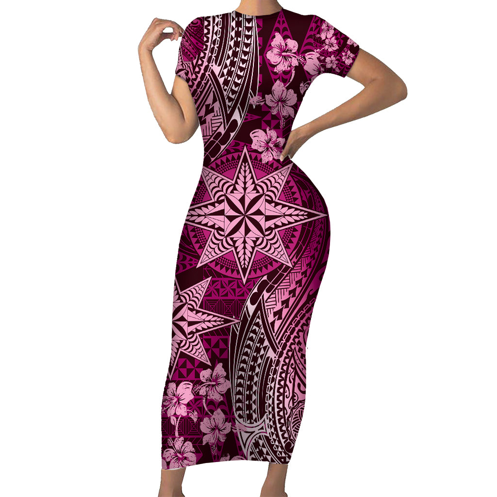 Vintage Tonga Tribal Ngatu Pattern Short Sleeve Bodycon Dress With Pacific Floral Pink Art LT9 Long Dress Pink - Polynesian Pride