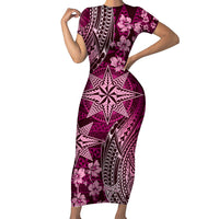 Vintage Tonga Tribal Ngatu Pattern Short Sleeve Bodycon Dress With Pacific Floral Pink Art LT9 Long Dress Pink - Polynesian Pride