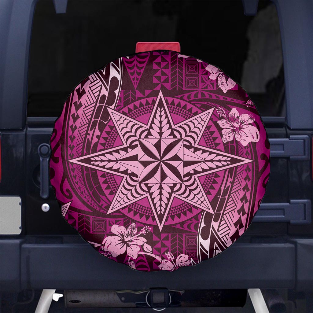 Vintage Tonga Tribal Ngatu Pattern Spare Tire Cover With Pacific Floral Pink Art