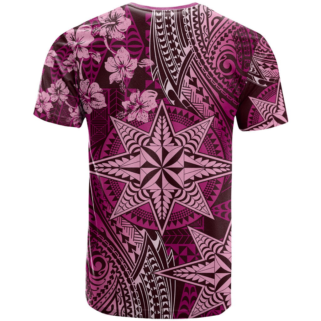 Vintage Tonga Tribal Ngatu Pattern T Shirt With Pacific Floral Pink Art
