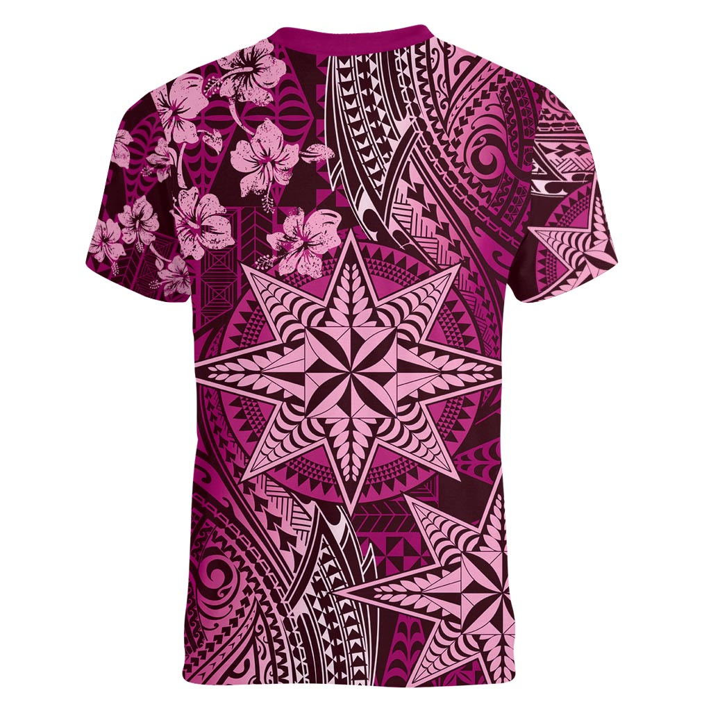 Vintage Tonga Tribal Ngatu Pattern Women V-Neck T-Shirt With Pacific Floral Pink Art