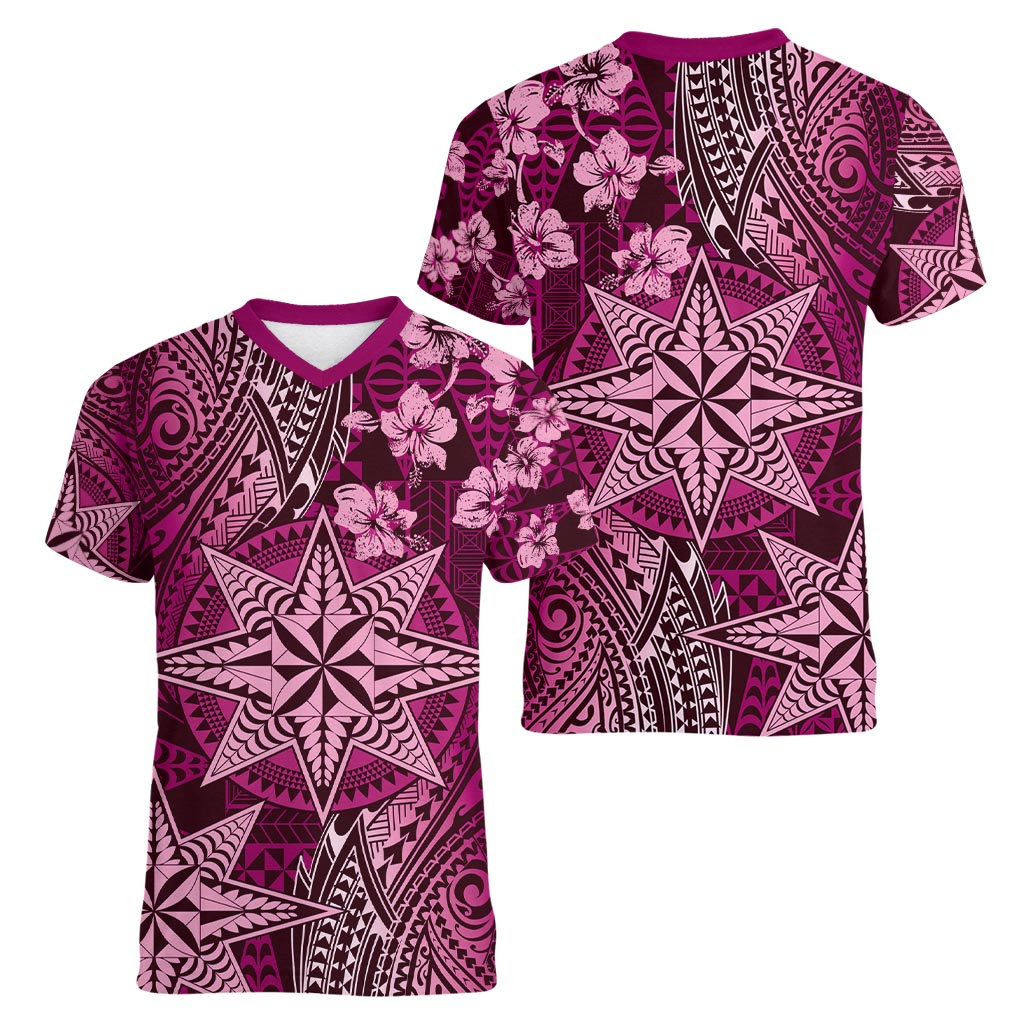 Vintage Tonga Tribal Ngatu Pattern Women V-Neck T-Shirt With Pacific Floral Pink Art