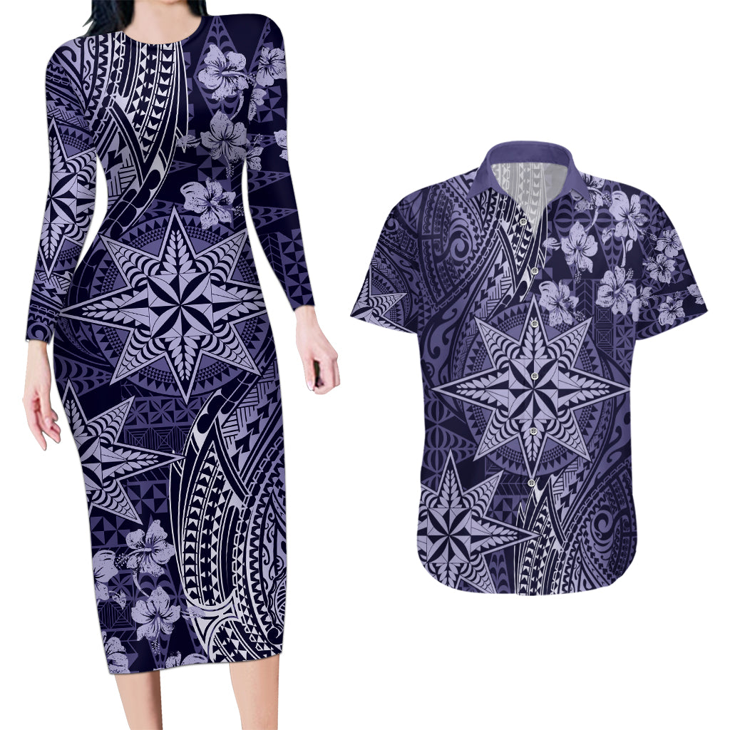 Vintage Tonga Tribal Ngatu Pattern Couples Matching Long Sleeve Bodycon Dress and Hawaiian Shirt With Pacific Floral Pink Art LT9 Pink - Polynesian Pride
