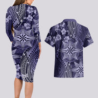 Vintage Tonga Tribal Ngatu Pattern Couples Matching Long Sleeve Bodycon Dress and Hawaiian Shirt With Pacific Floral Pink Art LT9 - Polynesian Pride