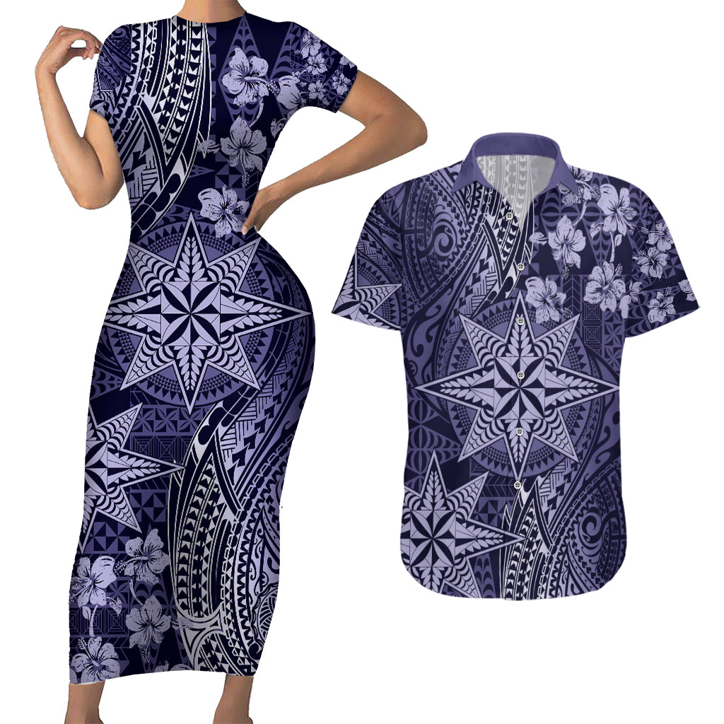 Vintage Tonga Tribal Ngatu Pattern Couples Matching Short Sleeve Bodycon Dress and Hawaiian Shirt With Pacific Floral Pink Art LT9 Pink - Polynesian Pride