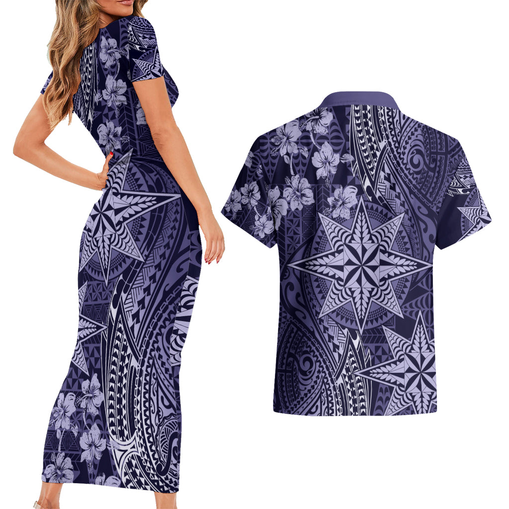 Vintage Tonga Tribal Ngatu Pattern Couples Matching Short Sleeve Bodycon Dress and Hawaiian Shirt With Pacific Floral Pink Art LT9 - Polynesian Pride