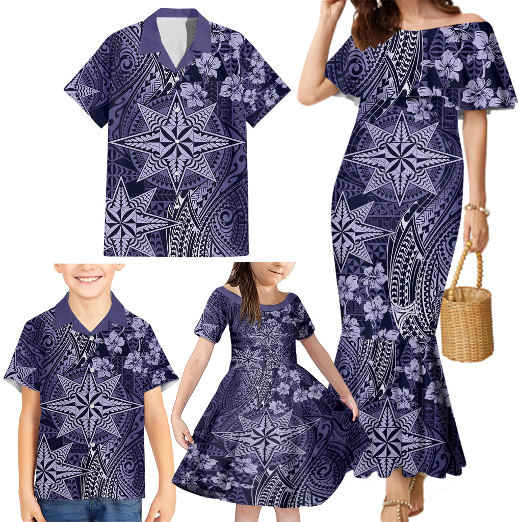 Vintage Tonga Tribal Ngatu Pattern Family Matching Mermaid Dress and Hawaiian Shirt With Pacific Floral Pink Art LT9 - Polynesian Pride