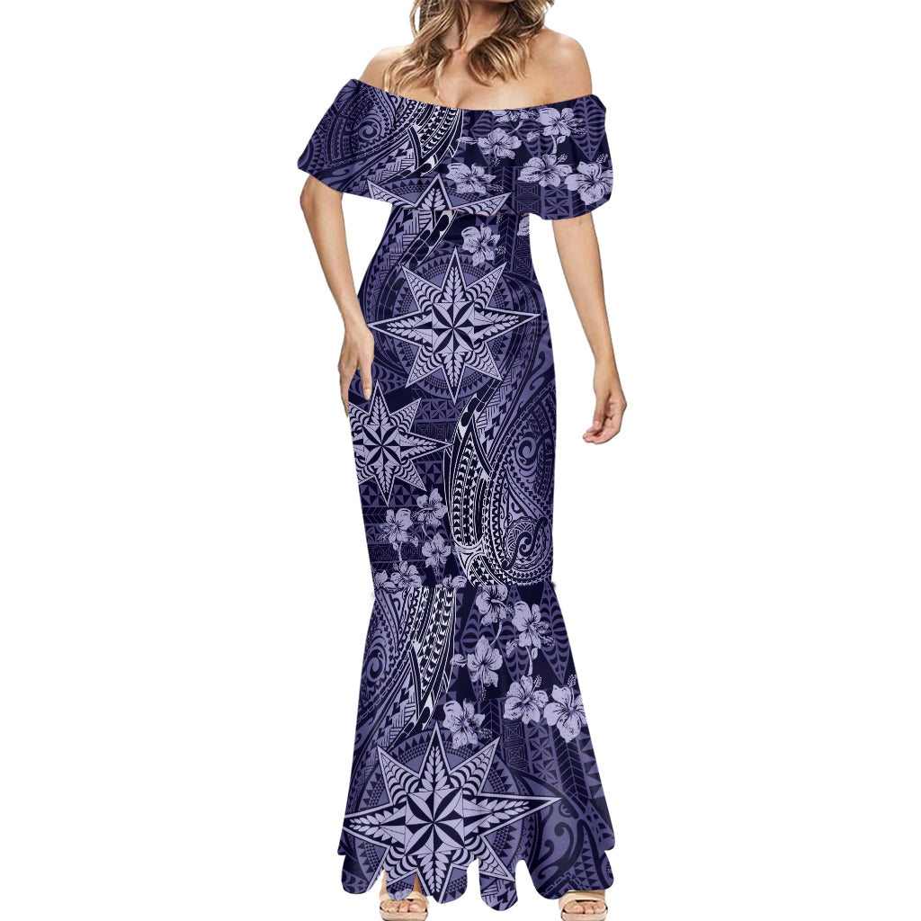 Vintage Tonga Tribal Ngatu Pattern Mermaid Dress With Pacific Floral Pink Art LT9 - Polynesian Pride
