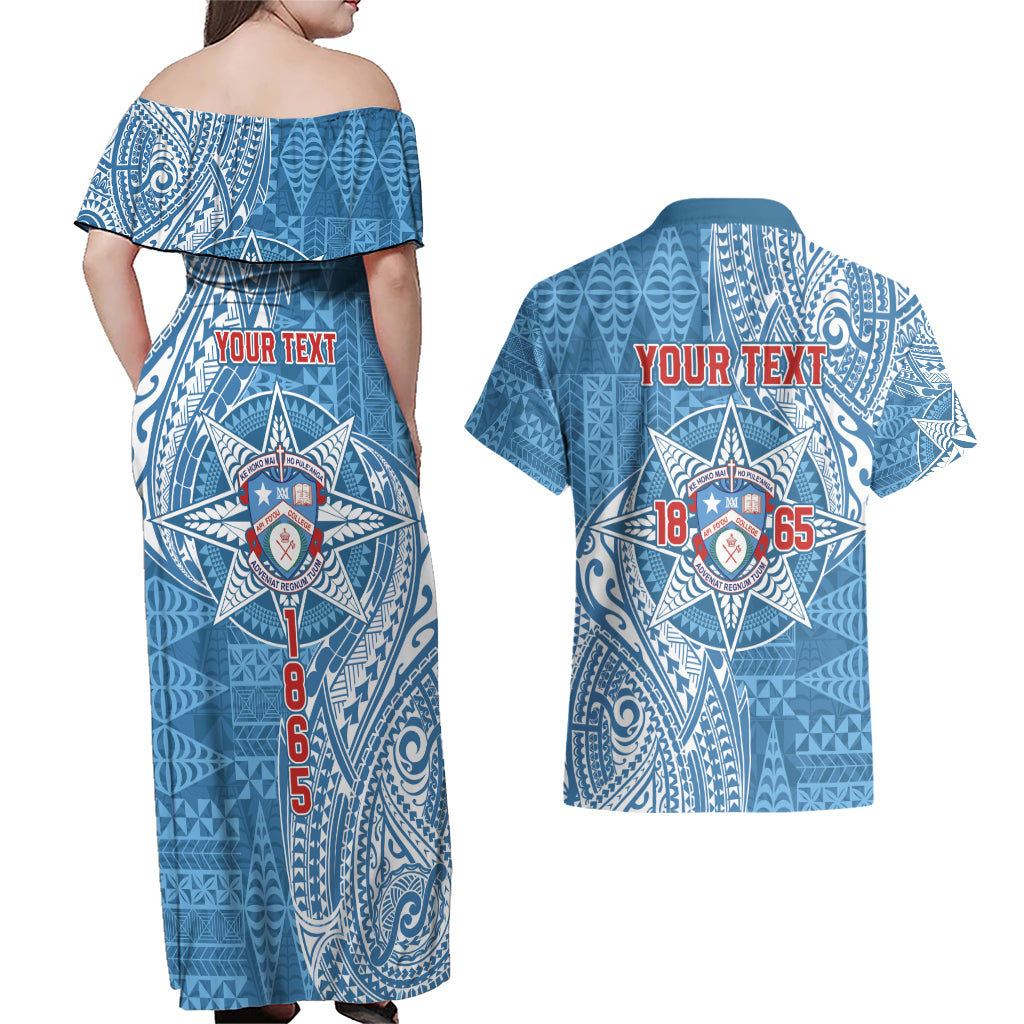Personalised Tonga Apifo'ou College Couples Matching Off Shoulder Maxi Dress and Hawaiian Shirt Since 1865 Special Kupesi Pattern