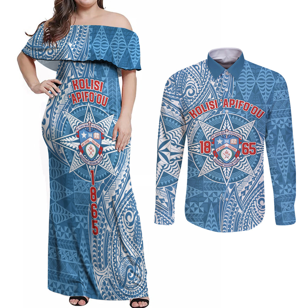 Personalised Tonga Apifo'ou College Couples Matching Off Shoulder Maxi Dress and Long Sleeve Button Shirt Since 1865 Special Kupesi Pattern