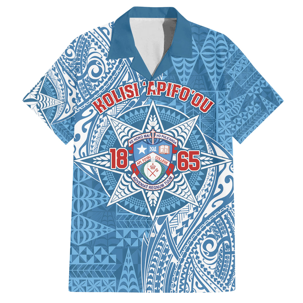 Personalised Tonga Apifo'ou College Family Matching Puletasi and Hawaiian Shirt Since 1865 Special Kupesi Pattern LT9 Dad's Shirt - Short Sleeve Blue - Polynesian Pride