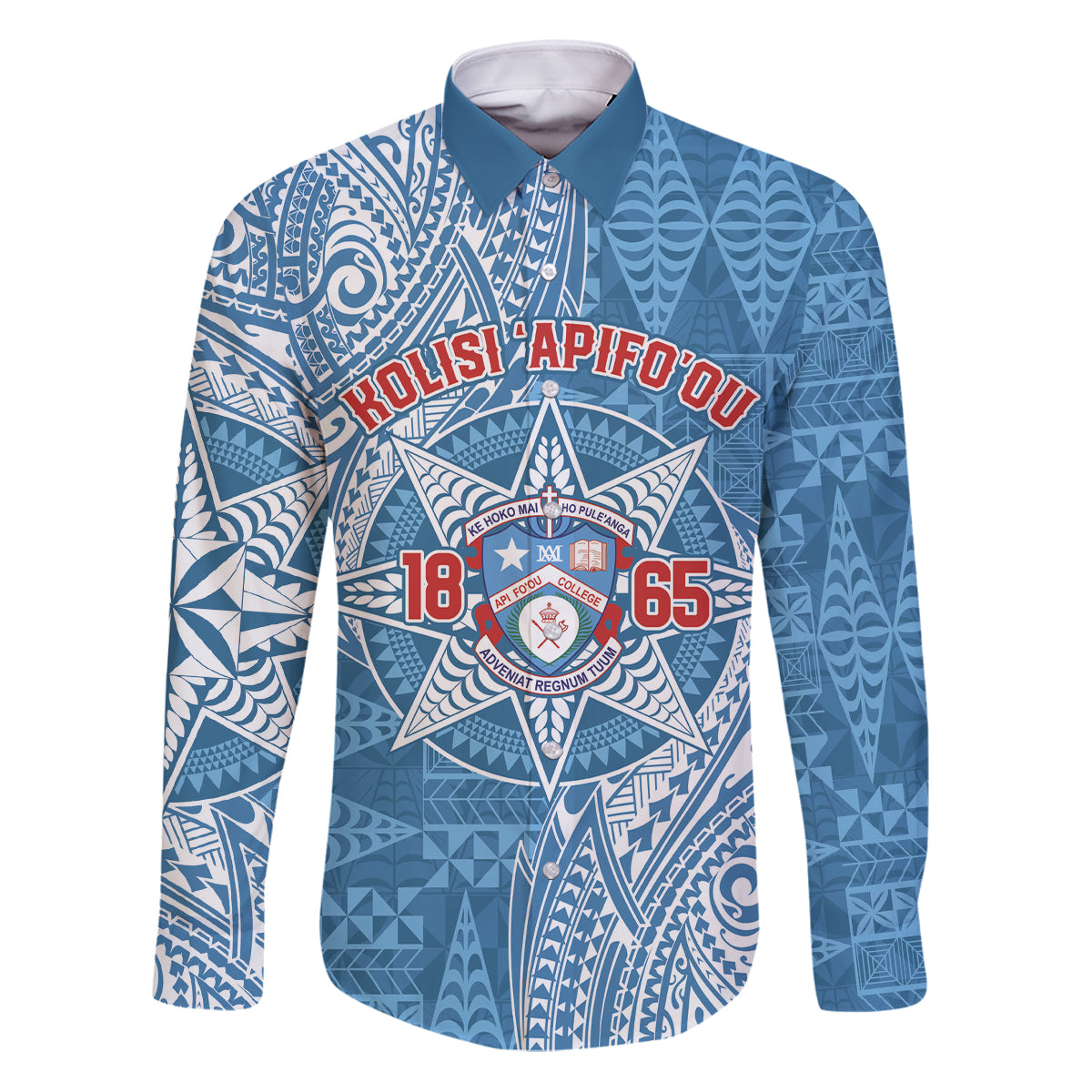 Personalised Tonga Apifo'ou College Family Matching Puletasi and Hawaiian Shirt Since 1865 Special Kupesi Pattern LT9 Dad's Shirt - Long Sleeve Blue - Polynesian Pride