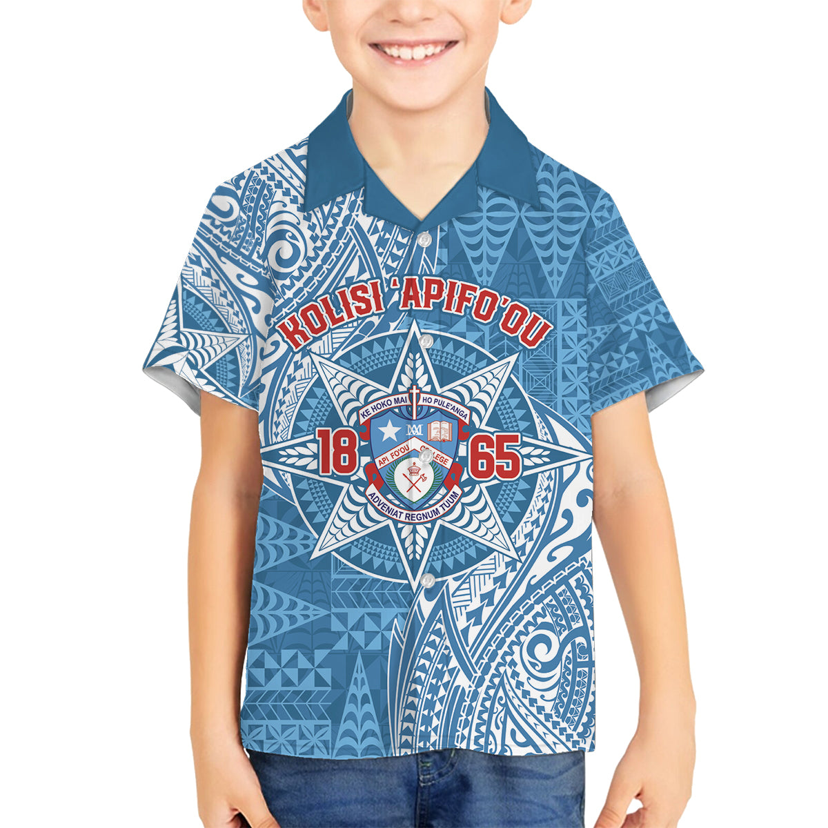 Personalised Tonga Apifo'ou College Family Matching Puletasi and Hawaiian Shirt Since 1865 Special Kupesi Pattern LT9 Son's Shirt Blue - Polynesian Pride
