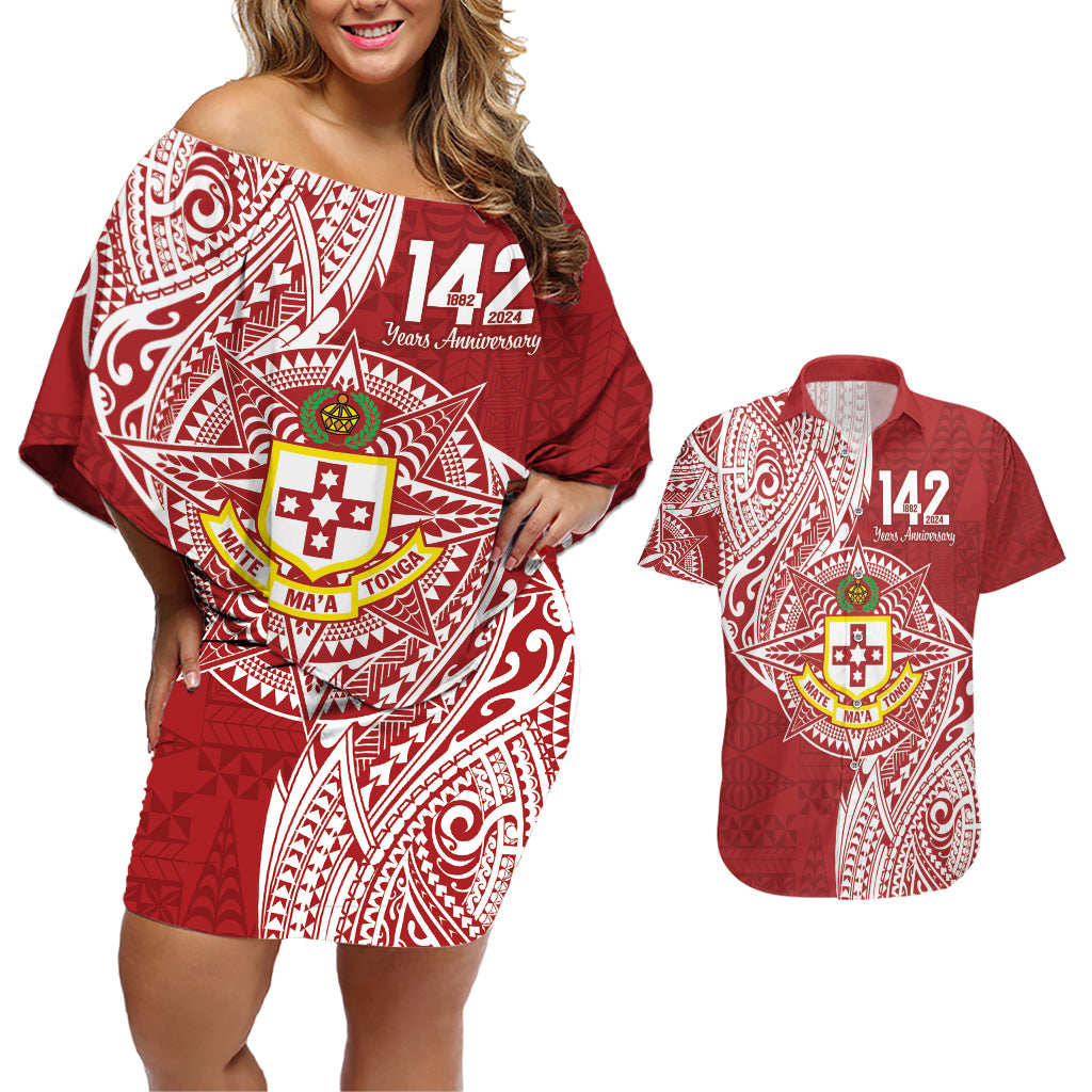 Personalised Kolisi Tonga Atele 142nd Anniversary Couples Matching Off Shoulder Short Dress and Hawaiian Shirt Special Kupesi Pattern