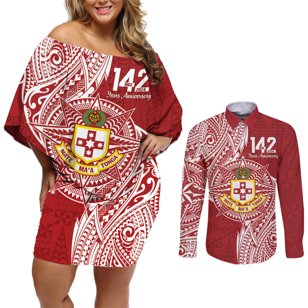 Personalised Kolisi Tonga Atele 142nd Anniversary Couples Matching Off Shoulder Short Dress and Long Sleeve Button Shirt Special Kupesi Pattern