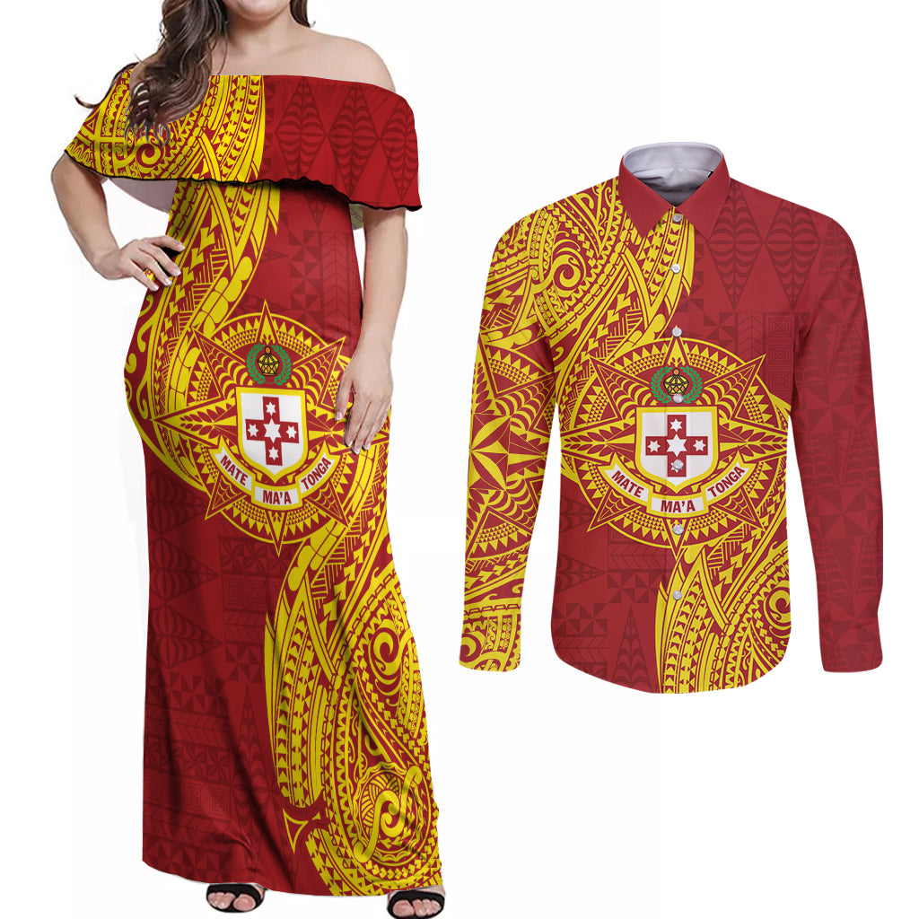 Personalised Kolisi Tonga Atele Couples Matching Off Shoulder Maxi Dress and Long Sleeve Button Shirt Since 1882 Simple Ngatu Pattern