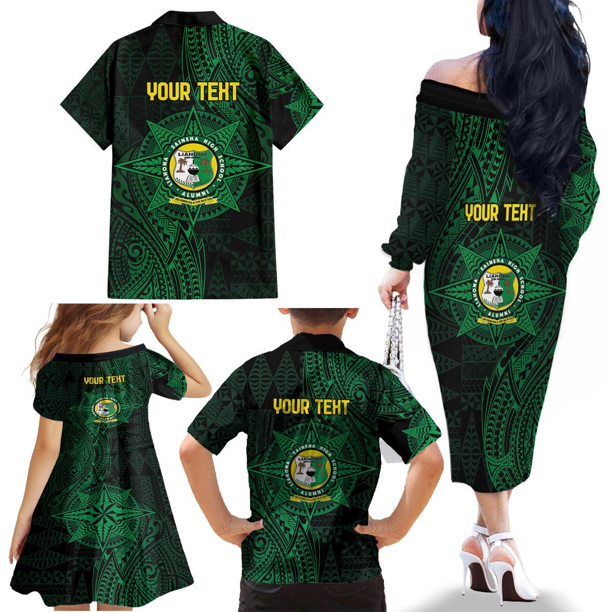 Personalised Tonga Liahona High School 76th Anniversary Family Matching Off The Shoulder Long Sleeve Dress and Hawaiian Shirt Special Kupesi Pattern
