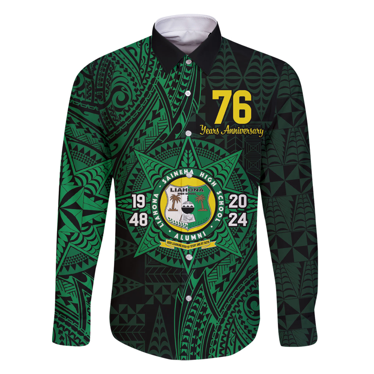 Personalised Tonga Liahona High School 76th Anniversary Family Matching Off The Shoulder Long Sleeve Dress and Hawaiian Shirt Special Kupesi Pattern