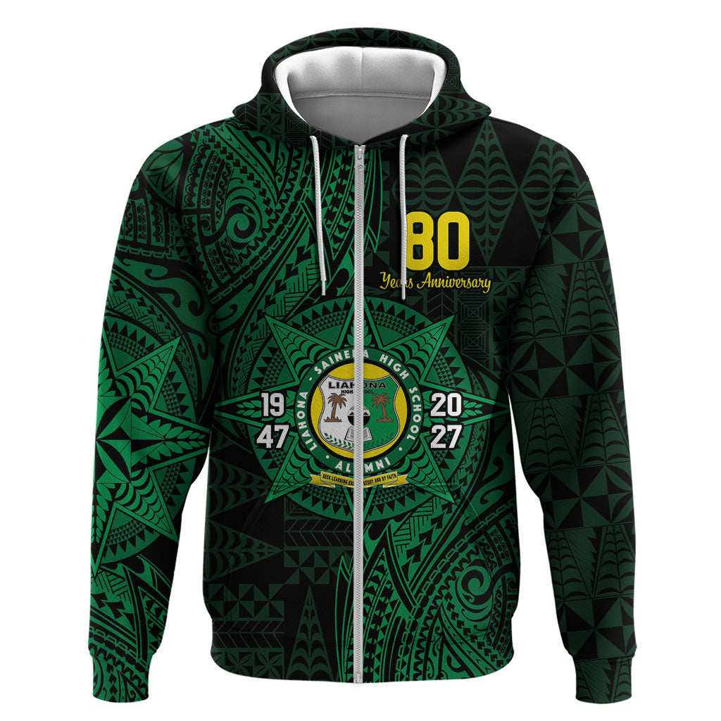 Personalised Tonga Liahona High School 80th Anniversary Zip Hoodie Special Kupesi Pattern LT9 Zip Hoodie Green - Polynesian Pride