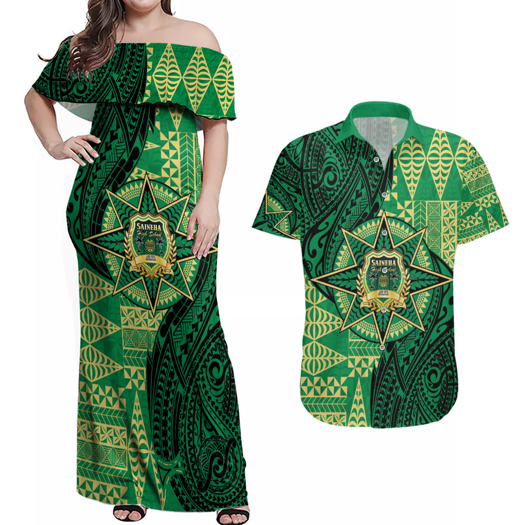 Personalised Tonga Saineha High School Couples Matching Off Shoulder Maxi Dress and Hawaiian Shirt Since 1978 Special Kupesi Pattern