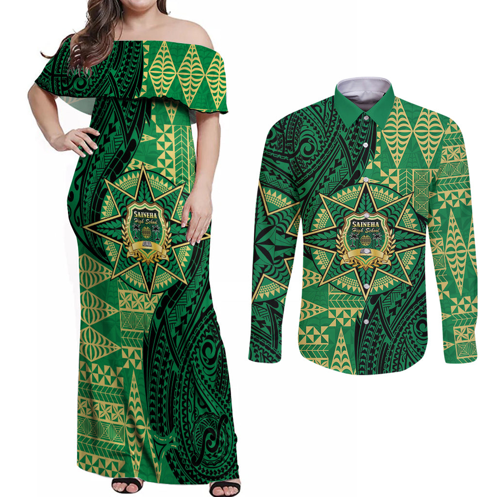 Personalised Tonga Saineha High School Couples Matching Off Shoulder Maxi Dress and Long Sleeve Button Shirt Since 1978 Special Kupesi Pattern